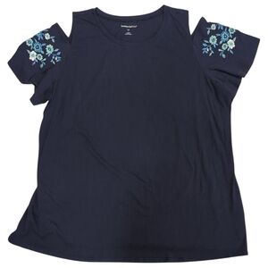 Woman Within Navy Blue Embroidered Floral Cold Shoulder T Shirt Top - Women's 1X